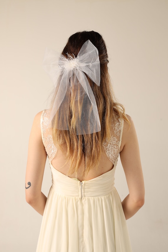 Tulle Wedding Hair Bow Veil, Minimal Veil White Crystal Feather