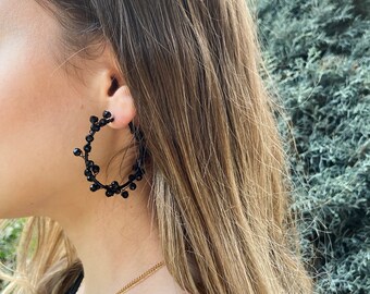 Black Hoops, Black Statement Earrings for Women, Black Dangle, Unique Statement Hoops,Classy Simple Hoop Earrings, Gothic Accessories