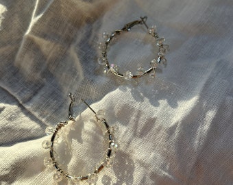 Hoop Earrings - White Crystal Wedding Jewelry - Prom & Bridesmaid Accessories-Handmade Silver Plated Earring/Women's Fashion Jewelry