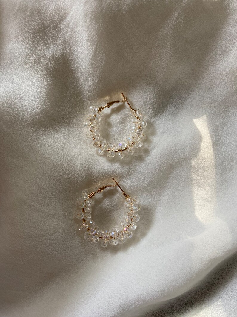 White Crystal Bridal Gold Hoop Earrings for Wedding, Hoop Earrings ,Crystal Earrings, drop Earrings Gold Bridal Jewelry bride earrings image 6