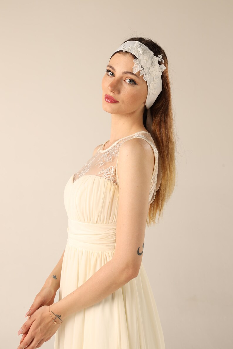 Bride Headbands , Linen embroidery headband, Bridal White Floral Bandana, Flower headband Wedding Turban for Minimalist wedding image 2