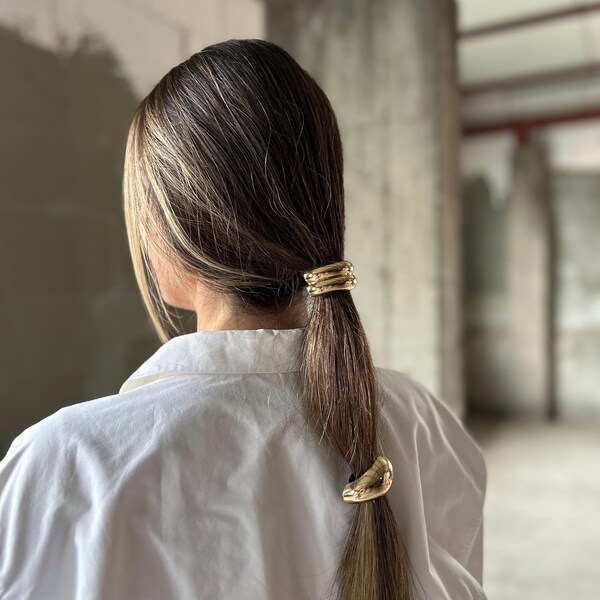 Glänzender Doppelbogen-elastischer Pferdeschwanz-Halter, Gold / Silber-Metallhaarspangen für dickes Haar, Geschenk für sie, Pferdeschwanz-Haarmanschettenhaken