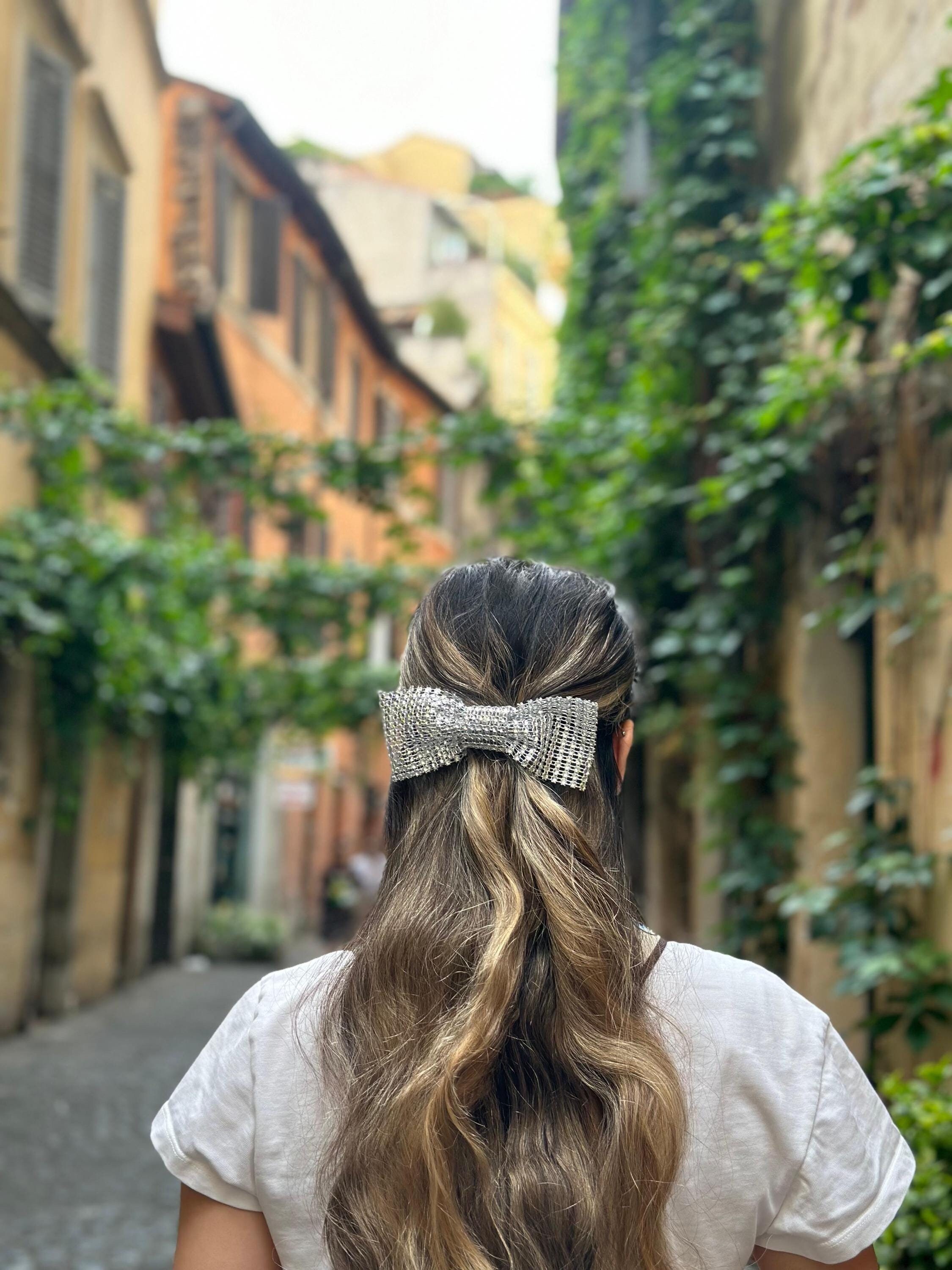 Silver Glitter Hair Bow: Elegant Rhinestone French Barrette 
