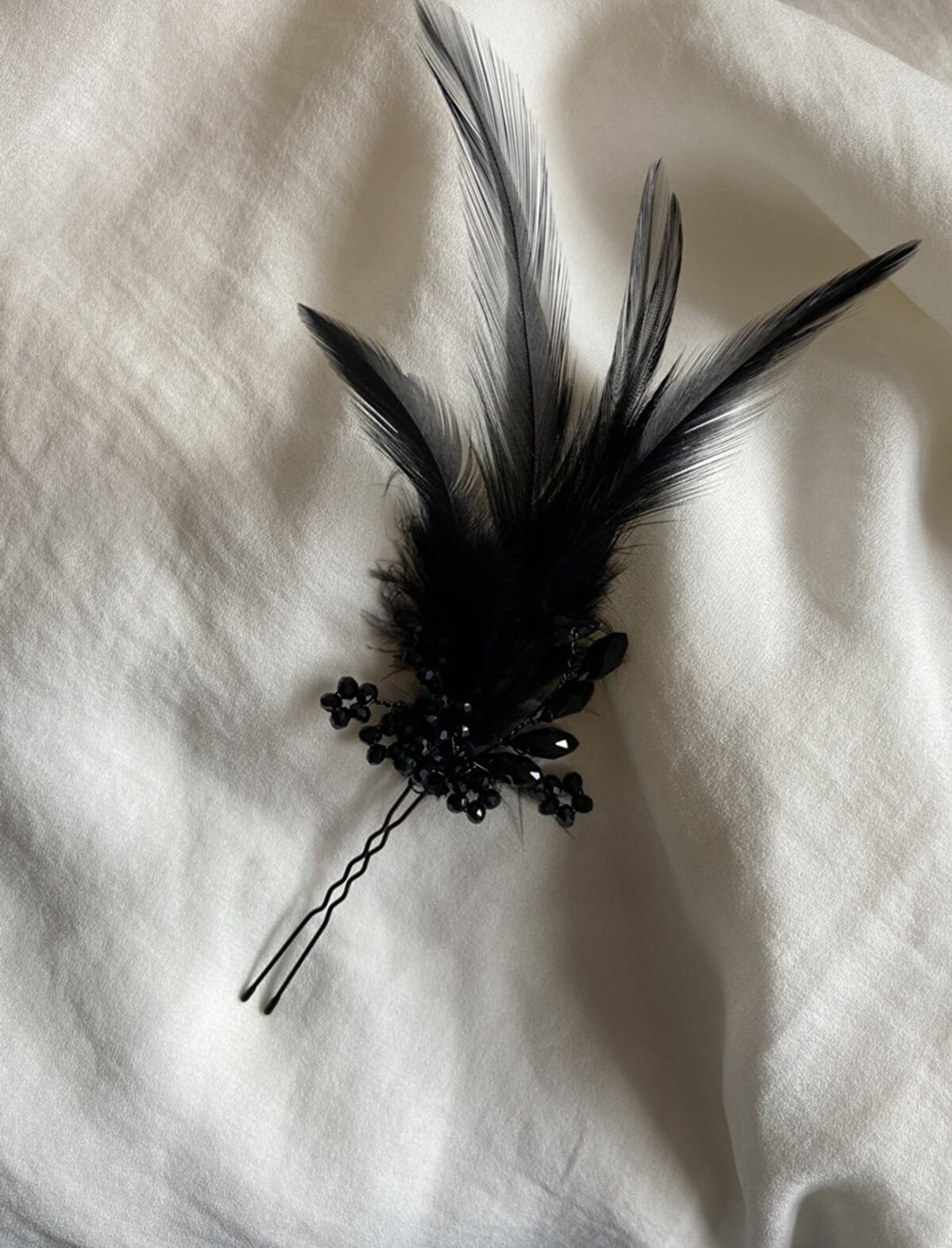 Black Feather Crystal Brooch  Pin/ or Feather hair clip, Handmade Custom Gold Black Feather Hair Clip, Gold Peacock Hair Clip, 1920s  main image 3