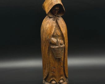 Antique Hand Carved Wooden Hooded Woman Folk Art Rustic Decor Figure