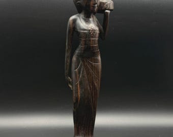 Vintage Hand Carved Wooden Woman Figure Dark Wood Style Sculpture 12”