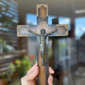French Cross Antique Crucifix wall Wood Jesus Catholic Religious 20th Rare