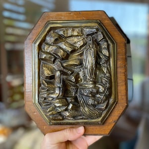 Antique Religious spelter Lourdes bronze and wood Bernadette Mary statue signed