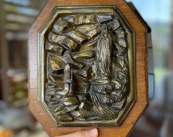 Antique Religious spelter Lourdes bronze and wood Bernadette Mary statue signed