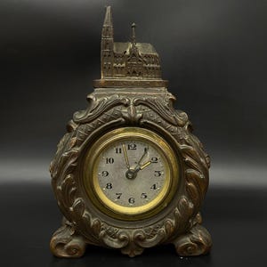 Antique 19th Century German Bronze Clock Cologne Cathedral Miniature Souvenir Rare Collectible