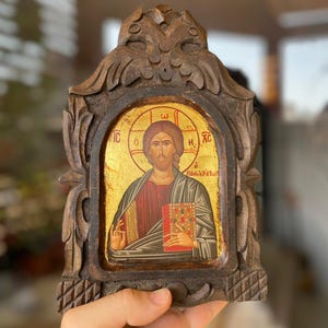 Antique 19th Century Byzantine Icon Jesus Christ, Carved Wood, Greek Orthodox Religious Art