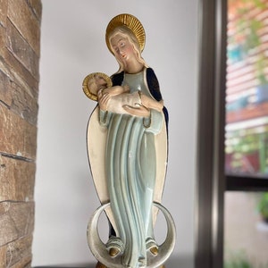 Antique Large French 18.5&quot; Rare Ceramic Madonna Child Statue Religious Signed