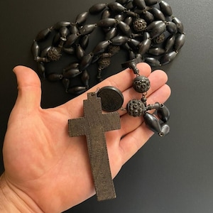 Rare French Wall Hanging Rosary Antique souvenir Lourdes Wood HUGE 140cm