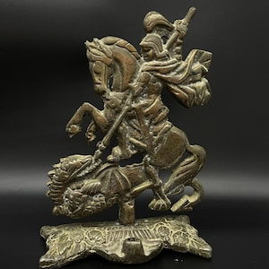 Antique Bronze St. George Figurine – 19th C Religious Statue Rare