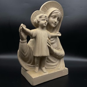 Vintage Madonna & Kind Religiöse Statue Signiert Nr. 220 Chalkware Plaster