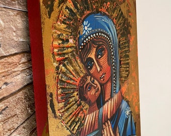 Large Church Vintage Icon Virgin Mary, hand-painted icon Rare Wood 20th