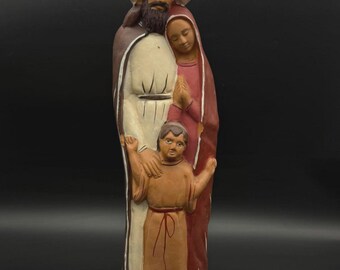 Vintage Hand Painted Clay Holy Family Statue Mary Joseph Jesus Folk Art 12.6"