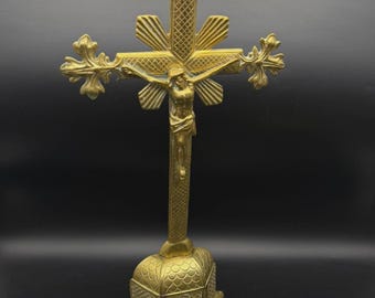 19th Century Antique Brass Church Altar Crucifix Gothic Ornate Religious Cross