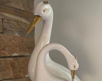 Włoska Statua Biało-złota Figurka Porcelana Kochające Łabędzie Oryginał Vintage