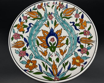 Geometric Floral Wall Plate Ceramic White Hand Painted Rhodes Greece Iznik