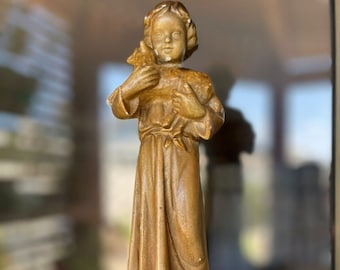 French Antique Figure Arte nova 1890s chalkware statue Jesus child with a lamp