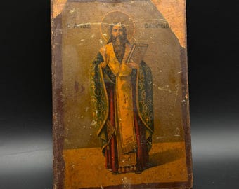 Antique Orthodox Icon Saint Basil 1928 Hand Painted Wood Panel Greek Byzantine Art