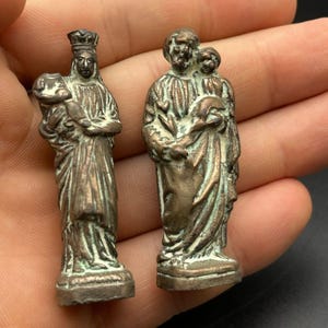 Pair of Miniature Antique Bronze Religious Figures Virgin Mary & St. Joseph Holding Christ Child | 19th Century Catholic Collectible