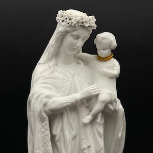 Antique Porcelain Madonna and Child Statue French Religious Figurine Floral Crown Virgin Mary Catholic Home Decor