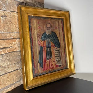 Antique Greek Orthodox Icon Saint Sabbas – Hand-Painted – Early 20th Century Framed Religious Art