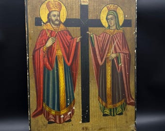 Antique Greek Orthodox Icon of Saints Constantine & Helen, Hand Painted Wood Panel, Dated 1878, Byzantine Religious Art
