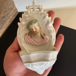 Antique French porcelain Holy Water Font Wall Benitier Jesus religious Beautiful porcelain