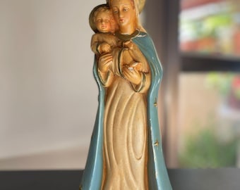 Estatua antigua Art Decó de la Virgen María, Virgen con el Niño Jesús, de yeso, del siglo XX