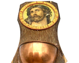 Benitier Rare 20th Century French Antique Catholic Holy Water Font  Wood Jesus Hand Made