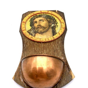 Benitier Rare 20th Century French Antique Catholic Holy Water Font  Wood Jesus Hand Made