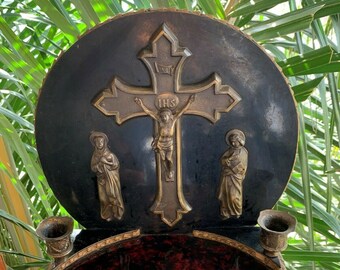 Rare French Antique Religious Crucifix and Candle Holders Jesus Christ 1800s
