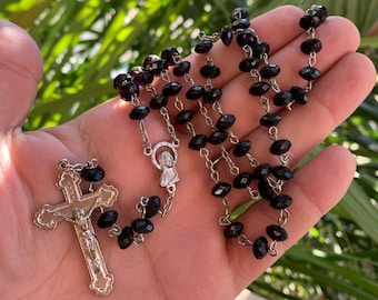 Vintage Rosary 1960s crystal cut black/purple beads Crucifix Catholic Italian †