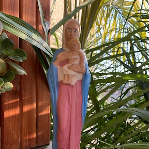 Antique Hand Carved Wood Madonna Statue Virgin Mary & Child – 19th Century Polychrome