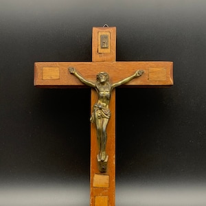 Mur de crucifix en bois massif En métal / Français Antique / Jésus Catholique Religieux / 19ème siècle Superbe Français antique / Croix en bois sculpté Rare