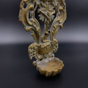 Benitier Rare 19th Century Italian Antique Brass Catholic Holy Water Font Jesus on the Cross Crucifix Art Deco Metal Religious