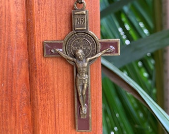 Cross Keychain Metal Saint Benedict Catholic Keyring Brown From Jerusalem Gift