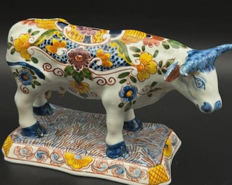 Antique Delft Style Polychrome Cow Figurine Hand Painted Faience Sculpture