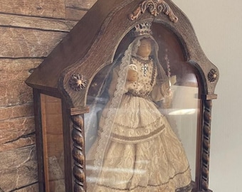 Antique French wood carved marked chapel with Madonna child wax velvet glass