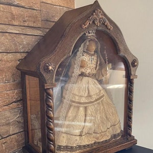 Antique French wood carved marked chapel with Madonna child wax velvet glass