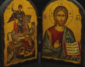 Greek Byzantine Style Icon Diptych Jesus Christ & St George Wooden Religious Art