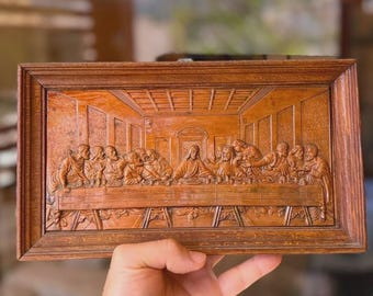 Vintage Last Supper Wall Plaque Embossed Copper Tone Religious Art Framed Christian Decor Jesus Apostles
