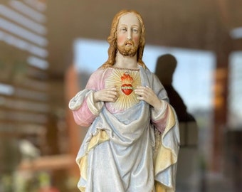 Antiek groot porseleinen beeld religieus Jezus heilig hart 1900 Frans 15,5"