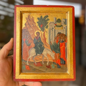 Antique Byzantine Icon Entry of Christ into Jerusalem Hand-Painted Greek Religious Art