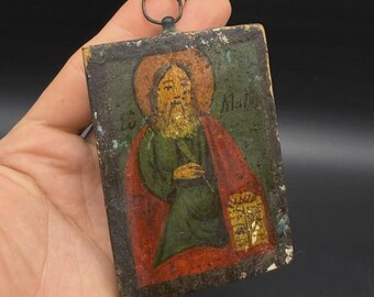 Antique Orthodox Style Hand Painted Wooden Icon, Haloed Saint, Small Christian Religious Wall Art