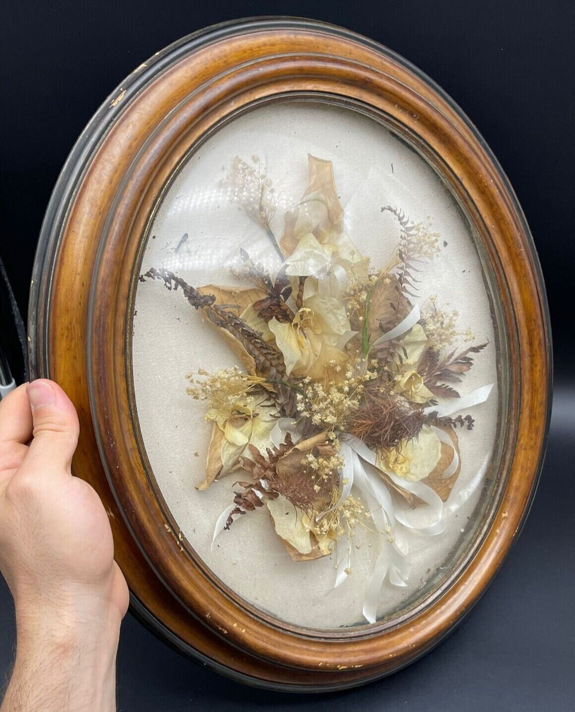 Antique French Wedding Bouquet/Wedding Convex Glass Dome Oval Wooden Frame 19th
