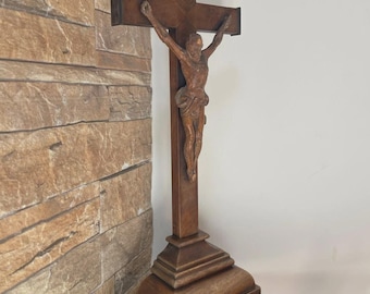 Antique Hand-Carved Wooden Crucifix – Large 19th Century Religious Cross